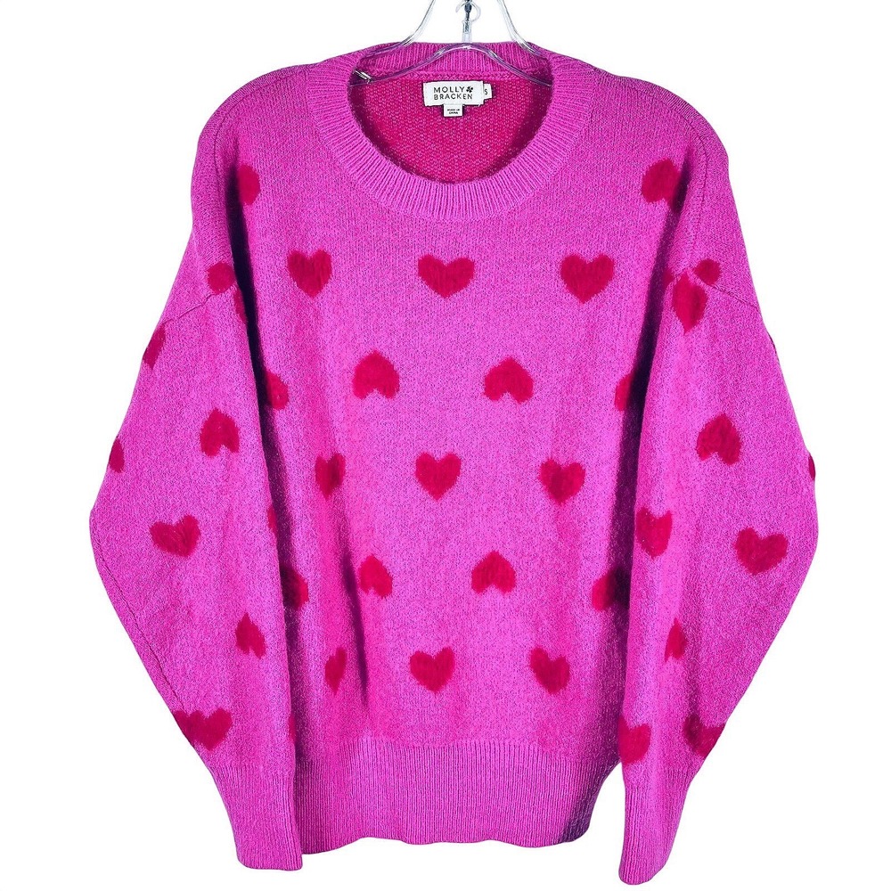Molly Bracken Small Pink Red Heart Ribbed Sweater